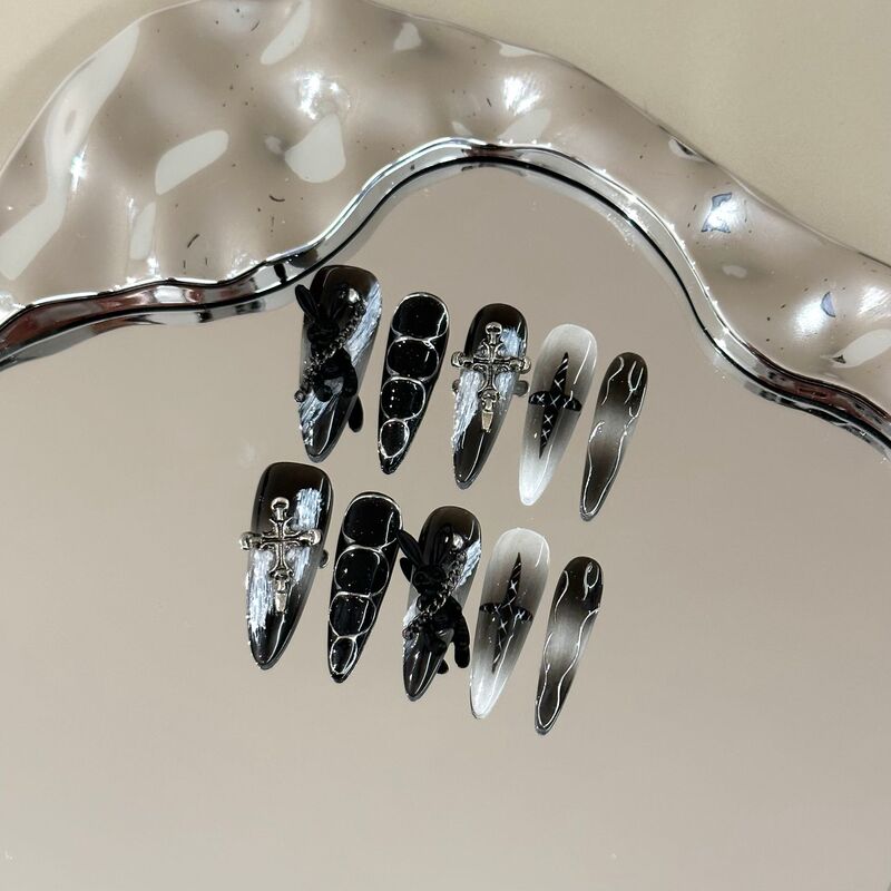 Pure Hand-Wearing Nail Pieces Advanced Autumn and Winter Black Violence Rabbit Nail Art White Cross Chain False Nail Pure Hand-Wearing Nail Pieces Advanced Autumn and Winter Black Violence Rabbit Nail Art White Cross Chain False Nail