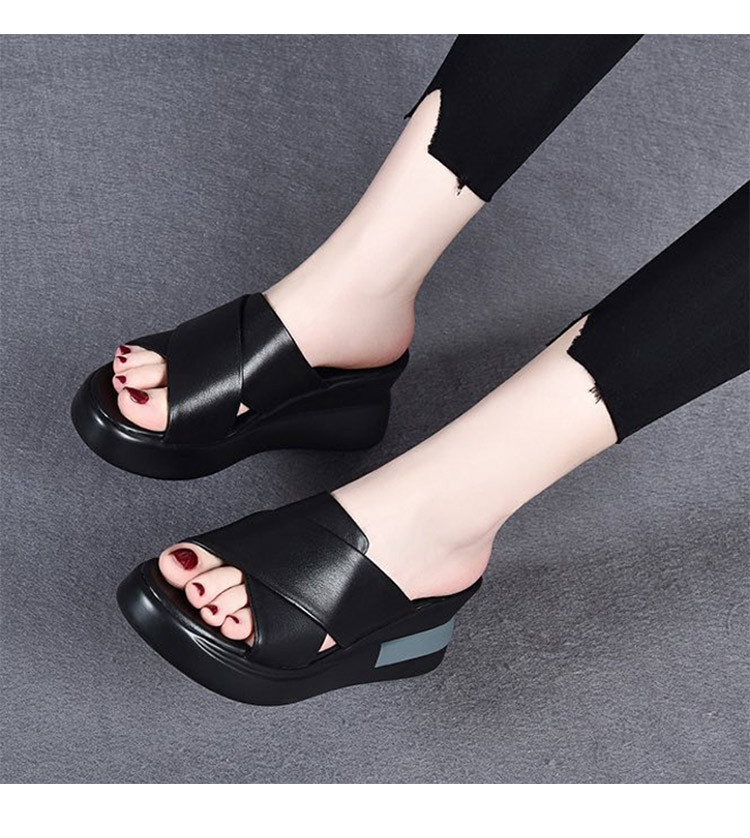 Dép sandal nữ đế xuồng da bò thật quai chữ V gót cao 9 cm — Màu đen (Da bò lớp đầu tiên) chi tiết 5