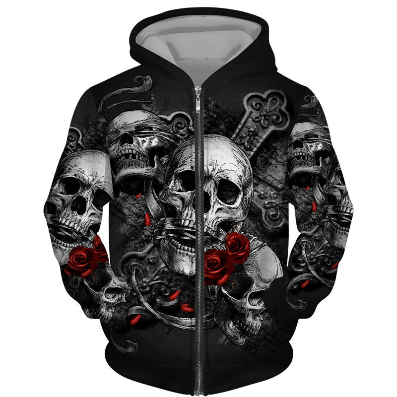 Halloween Source Factory 3D Printed Skull Series Men's and Women's Hooded Loose Zipper Swedshirt Hooded Swedshirt