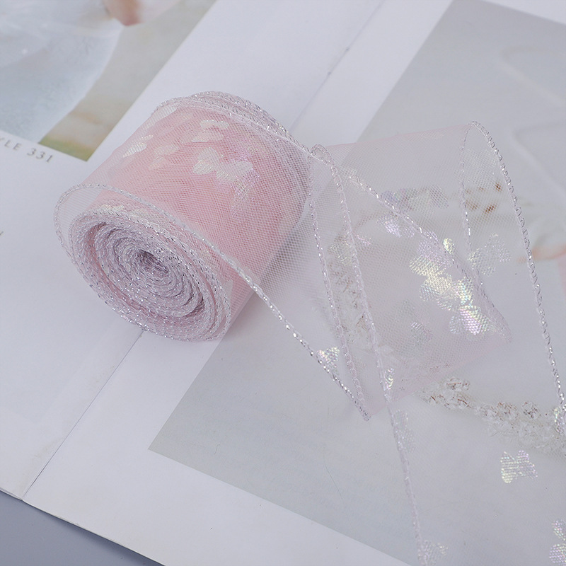 新商品の4cm拷問銀の縁の網の糸の金は蝶の愛のリボンの靴の帯の補助材料の生花の包装の材料を印刷します。|undefined