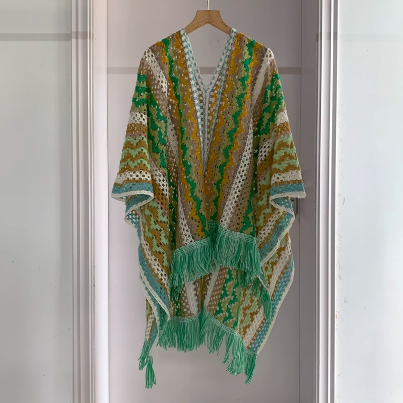 Nuevo chal de mujer, tiras de color, suéter de punto, foto de viaje, capa étnica de todo fósforo, capa de todo fósforo, viaje