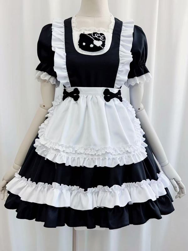 新款日系凯蒂猫黑白女仆装泡泡袖lolita可爱kitty女佣套装连衣裙|undefined