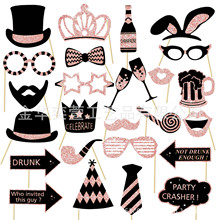 新款26件玫瑰金撒粉拍照道具 金葱结婚生日派对面具通用装饰道具