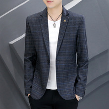新款格子西服男士韩版修身一粒扣小西装男式青年潮流商务单西上衣