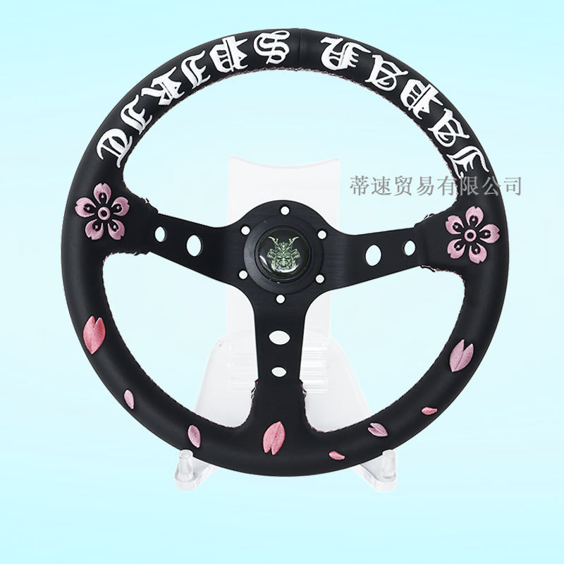 Cross-Border Hot-Selling Leather Steering Wheel with Embroidered Cherry Blossoms, 13-Inch 330mm Large Concave Universal Steering Wheel for Car Modification Cross-Border Hot-Selling Leather Steering Wheel with Embroidered Cherry Blossoms, 13-Inch 330mm Large Concave Universal Steering Wheel for Car Modification