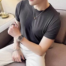 螺纹短袖t恤男装修身圆领弹力紧身薄款针织衫潮流上衣男款短袖t恤