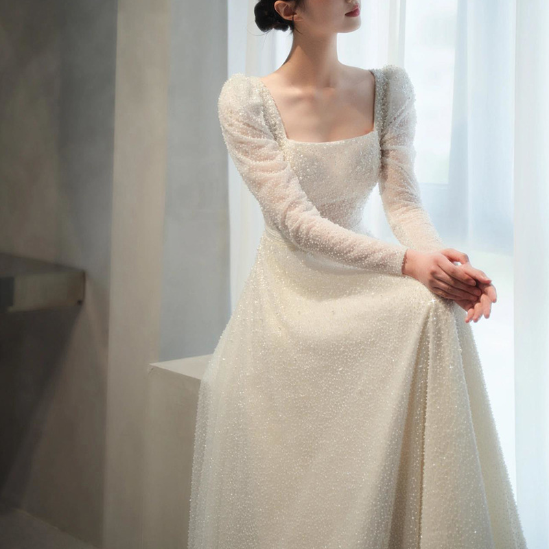 Nuevo elegante adelgazar Mori Super Fairy travel photography vestido de bienvenida para las mujeres Vestido DE BODA ligero de manga larga francés para novia 2024