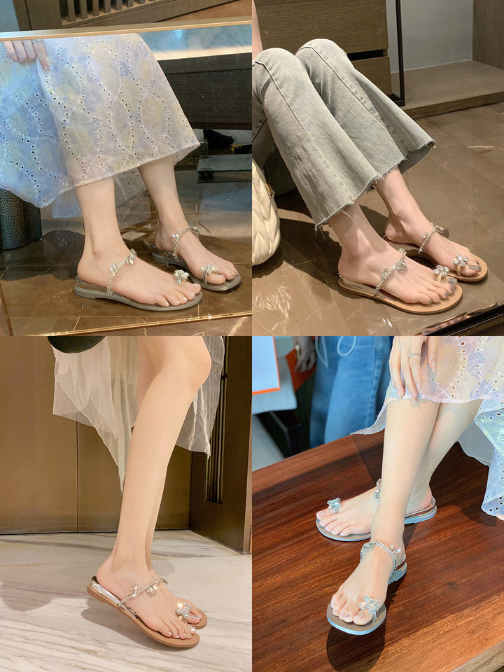 Dép sandal nữ quai ngang xỏ ngón đế mềm gót dốc đính đá lấp lánh đi ngoài — Màu bạc, Màu nude