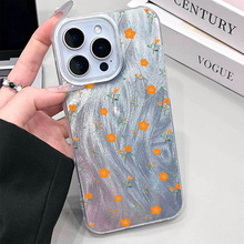 橘色小碎花适用iphone17/16透明羽纱壳苹果15pc硬壳防摔女华为p70