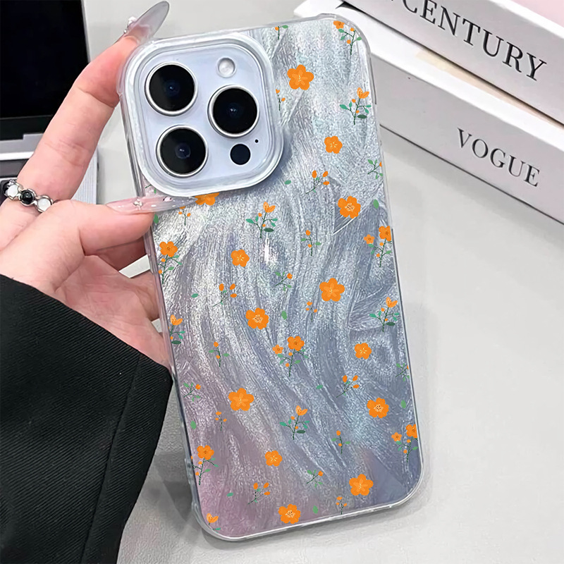 橘色小碎花适用iphone17/16透明羽纱壳苹果15pc硬壳防摔女华为p70
