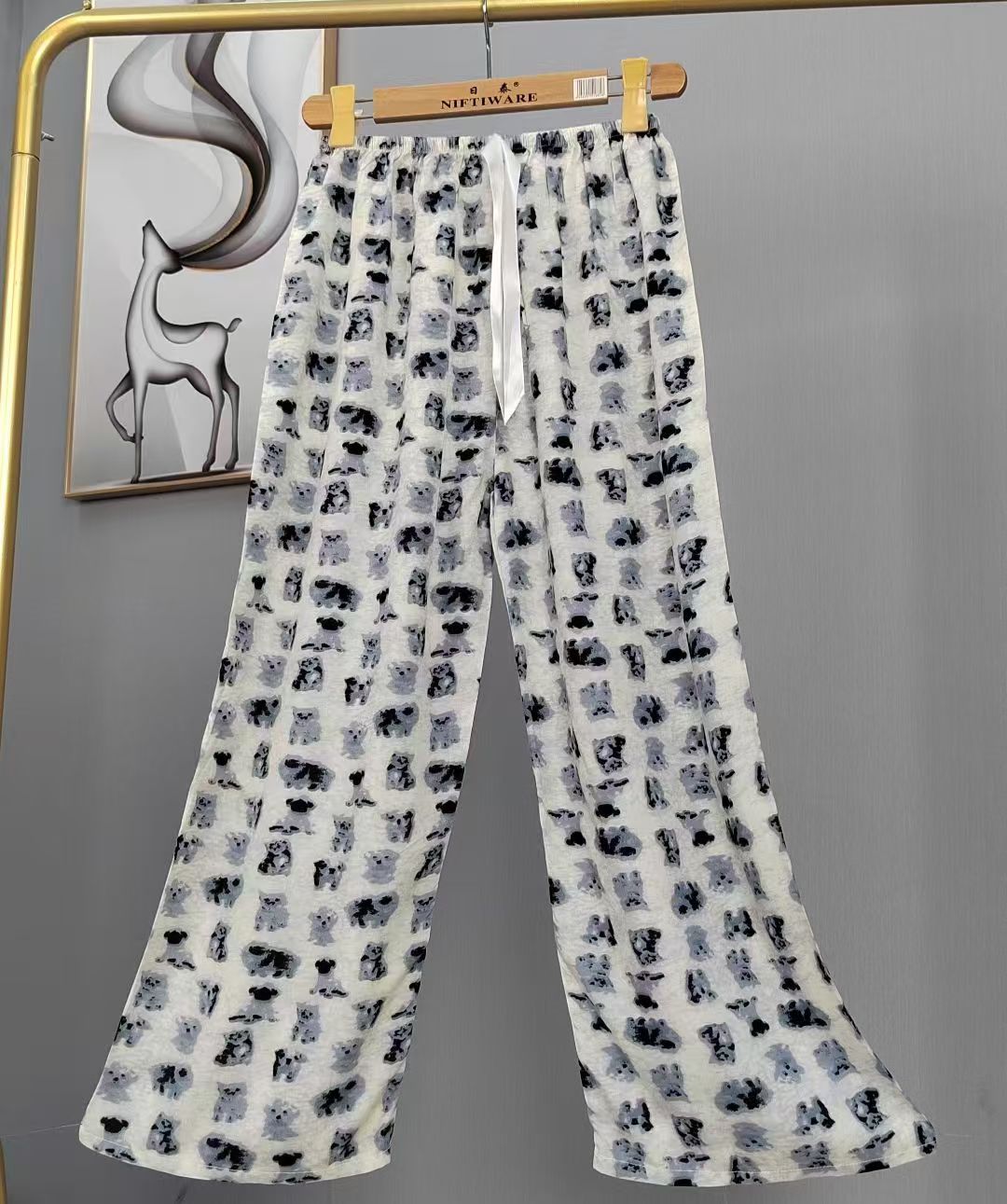 Pijama de seda de algodón para mujer, pantalones anchos de mujer embarazada de seda de algodón con estampado fino de verano