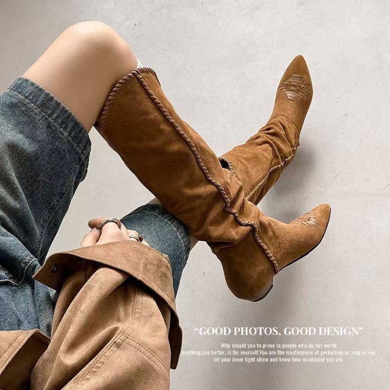 Demi-season leather retro fashionable high boots pointed-toe