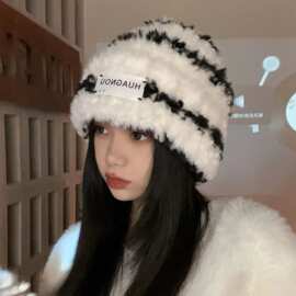 帽子女条纹包头帽防风秋冬日系显脸小针织帽可爱百搭保暖毛线冷帽
