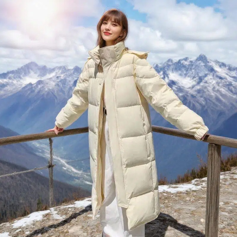 High-End Fashionable down Jacket for Women, Mid-Length, Korean Style, Age-Reducing, Thickened, White Duck Down, Over-The-Knee, Hooded, Extra-Long Coat