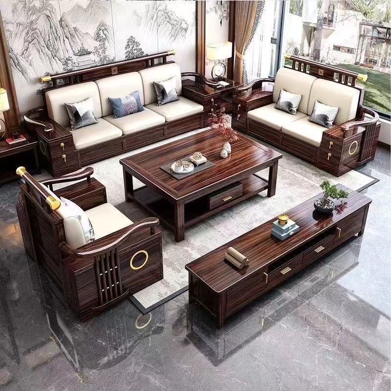 Ebony Solid Wood Sofa New Chinese Style Simple Large and Small Living Room Sofa Coffee Table Combination High Box Storage Sofa