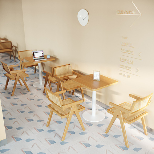 Nordic Internet celebrity milk tea dessert shop cafe solid wood dining table and chair combination Japanese coffee shop rattan dining chair commercial