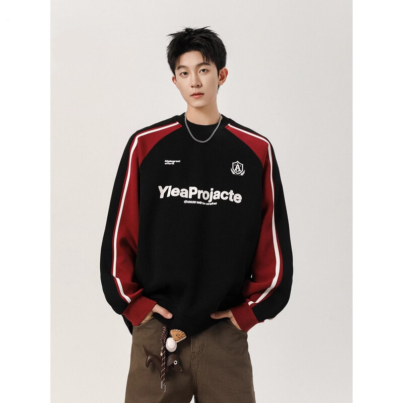 2026 Trendy College-Style Color-Block Crewneck Sweatshirt for Men, American-Style Loose Fit Versatile Casual Sports Pullover Top