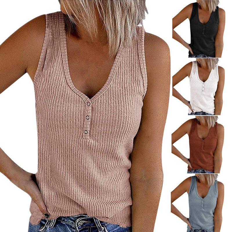 2026 Summer Temu New European and American Cross-Border Wish Women's Button Vest Solid Color V-Neck Sleeveless T-Shirt Top