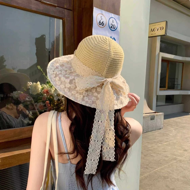 旅行用レディース韓国レース日焼け止めサンハット、海辺のビーチでの写真撮影、夏の麦わらサンハット|undefined