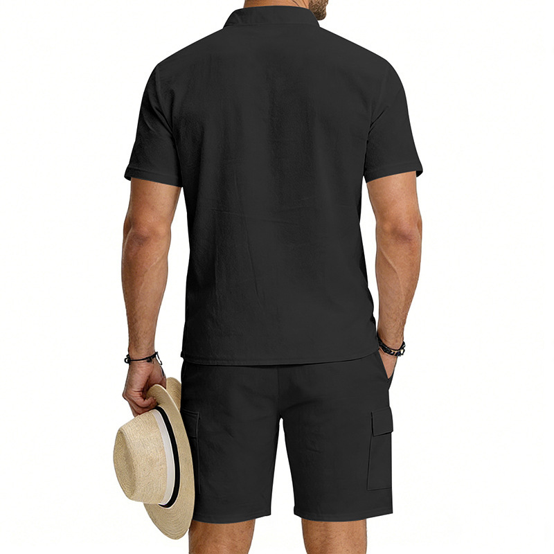 Men's Linen Henley Short Sleeve Shirt & Shorts Set, Breathable Summer Casual Outfit For Outdoor Travel And Daily Relaxation_viptrois.com