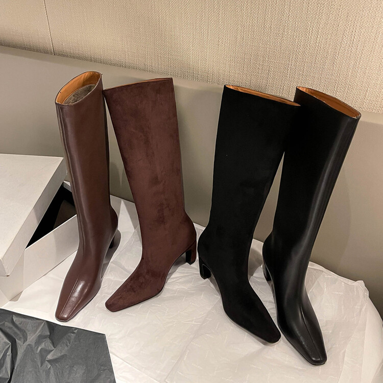 Demi-season solid color high boots square toe