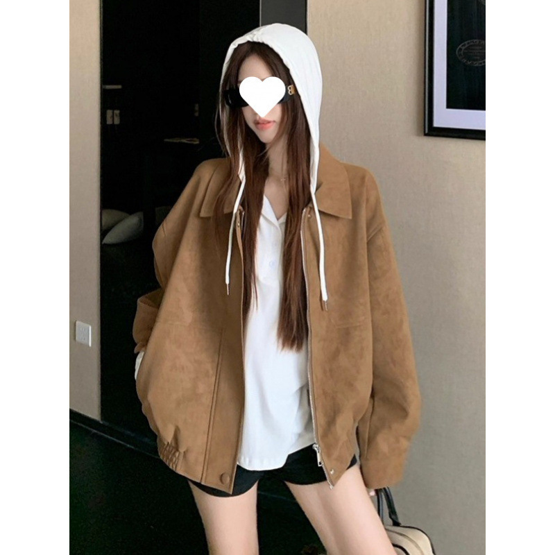 美拉德复古仿麂皮绒长袖外套女2025秋季新款宽松翻领休闲机车夹克|undefined