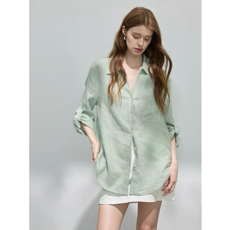 French-Style High-End Ramie Long-Sleeve Shirt for Women, New Spring/Summer Loose Fit with a Turn-Down Collar, Old Money Style, Sun Protection, Versatile