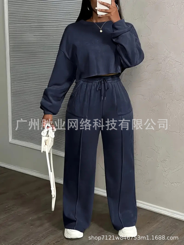 2025欧美跨境外贸春秋新款女装时尚宽松高腰长袖上衣休闲裤子套装|undefined