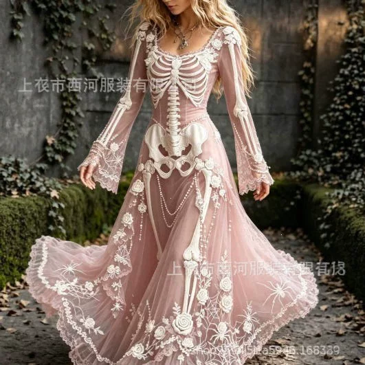 2026 Women's Vintage Gothic Skull and Rose Gradient Pattern Dress, Long Gradient Pattern Halloween Dress