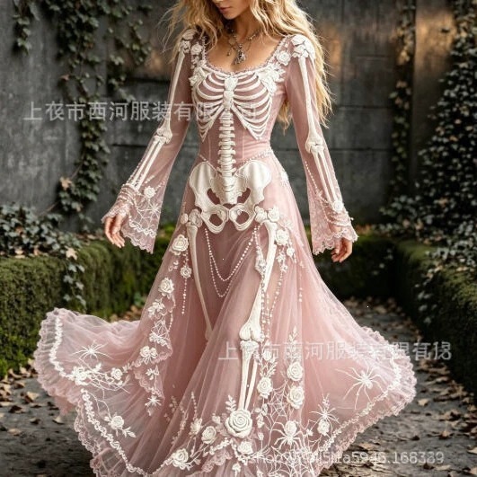 2026 Women's Vintage Gothic Skull and Rose Gradient Pattern Dress, Long Gradient Pattern Halloween Dress 2026 Women's Vintage Gothic Skull and Rose Gradient Pattern Dress, Long Gradient Pattern Halloween Dress