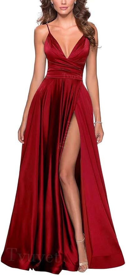 Elegante vestido de fiesta largo con cuello en V dividido, plisado de dama de honor de gasa larga, vestido formal, vestido de noche de satén