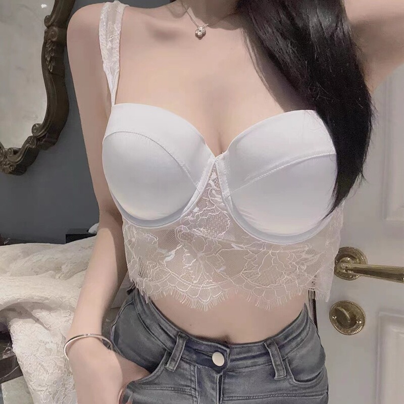 European and American French Style Big Chest Push-up Sexy White Lace Corset Beautiful Back Bra Vest Style Underwear suit Women