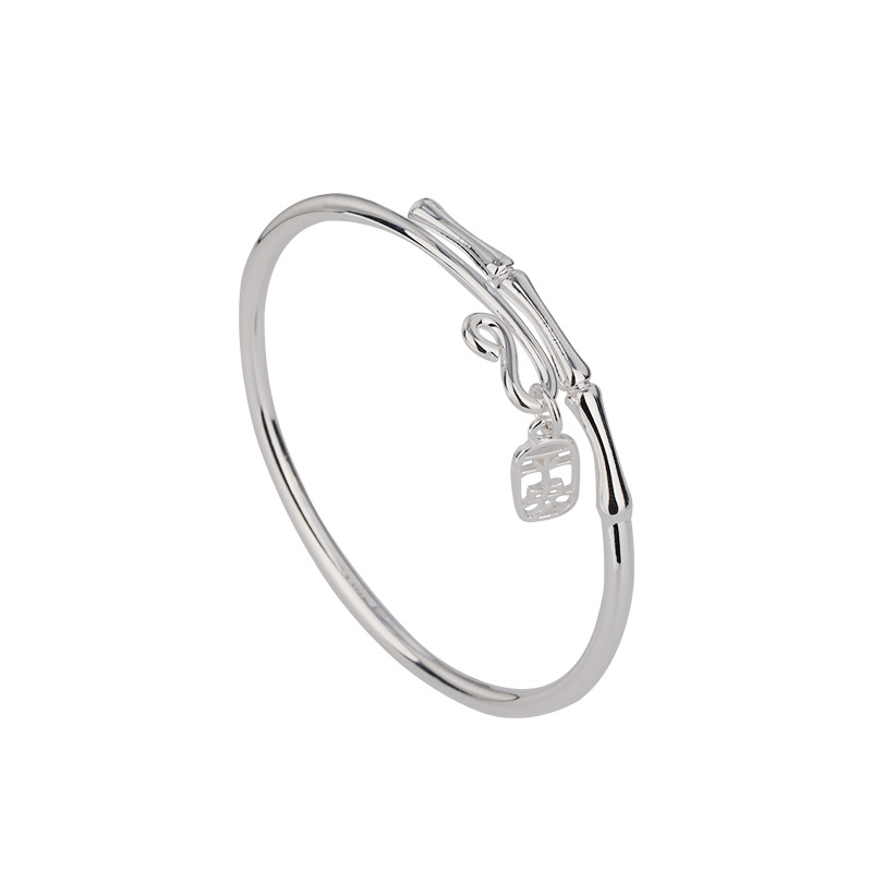 Bambú pulsera de plata femenina plata esterlina 999 abierto joven de bambú sólido periódico seguro de plata pura pulsera regalo para novia