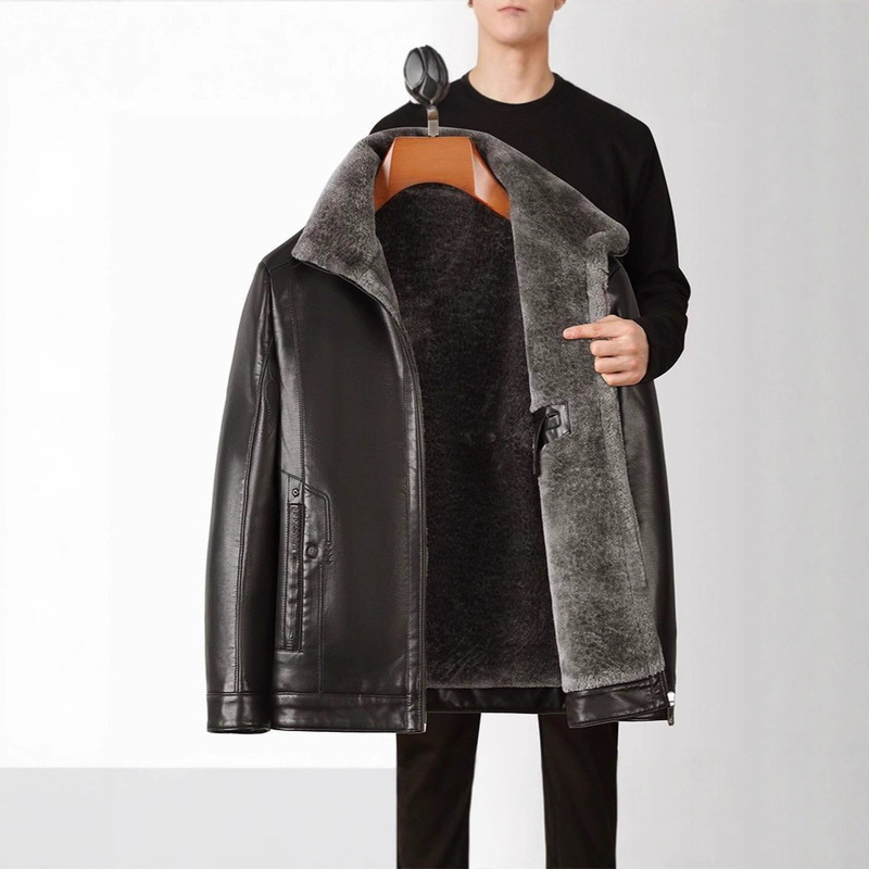 Middle-Aged and Elderly Men's Velvet Thickeneded Leather Jacket Winter Dad's Warm Casual Leather Jacket Grandpa's 60-Year-Old Versatile Jacket