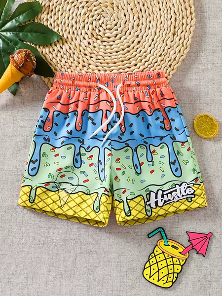 Summer New Children's Ice Cream Print Beach Shorts Boys' Cartoon Graffiti Quick-Dry Elastic Waist Shorts