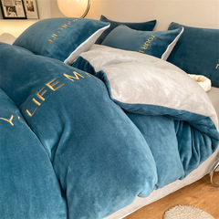 純色刺繡牛奶絨四件套秋冬保暖雙面床單被罩床笠三件套法萊絨批發