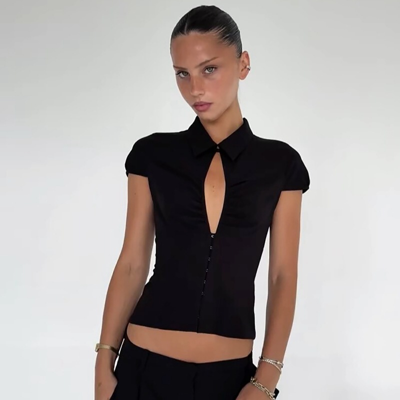 European and American Hot-Selling Women's Clothing 2025 Autumn and Winter New Fashion Sexy Cardigan Buttoned Lapel Short-Sleeved T-Shirt Tops Wholesale