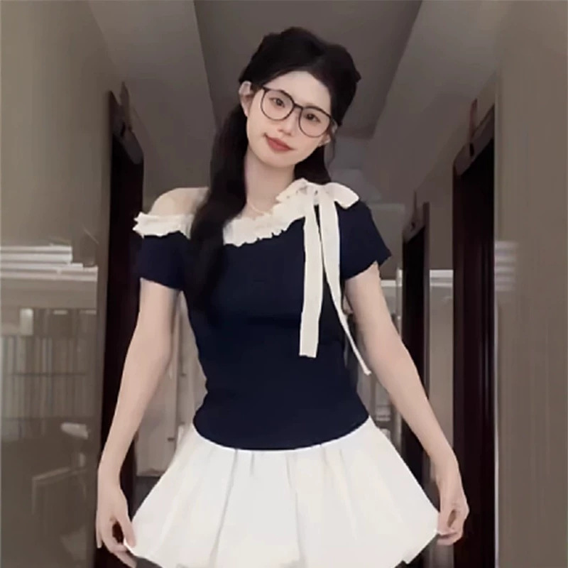 260g Rayon Tie-Shoulder Short-Sleeve T-Shirt for Women, Summer Korean Style, Slim Fit, Off-Shoulder, Trendy Top 260g Rayon Tie-Shoulder Short-Sleeve T-Shirt for Women, Summer Korean Style, Slim Fit, Off-Shoulder, Trendy Top
