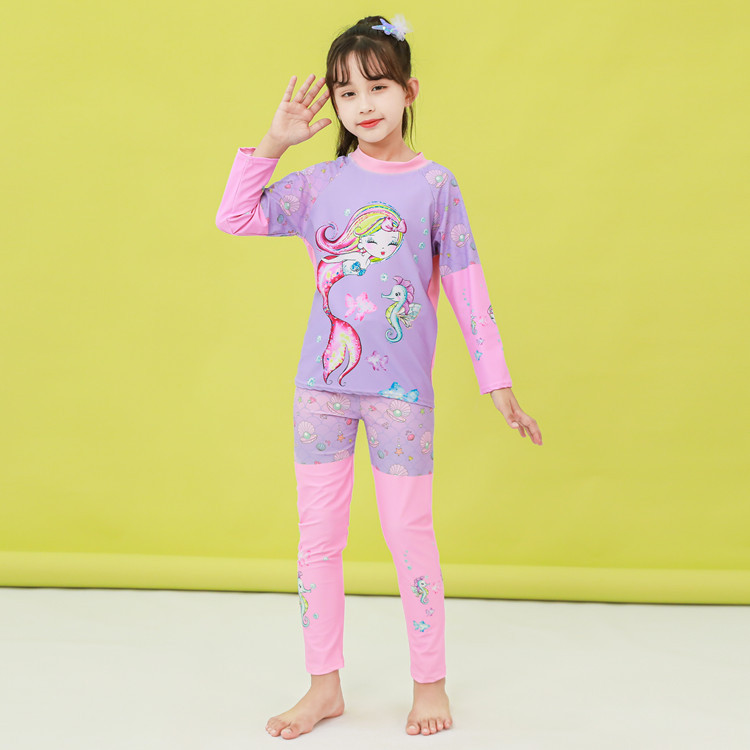 Traje de baño para niños de manga larga para niñas pequeño mediano y grande de una pieza de protección solar de dibujos animados bañador estudiante Hot Spring traje de baño de secado rápido al por mayor