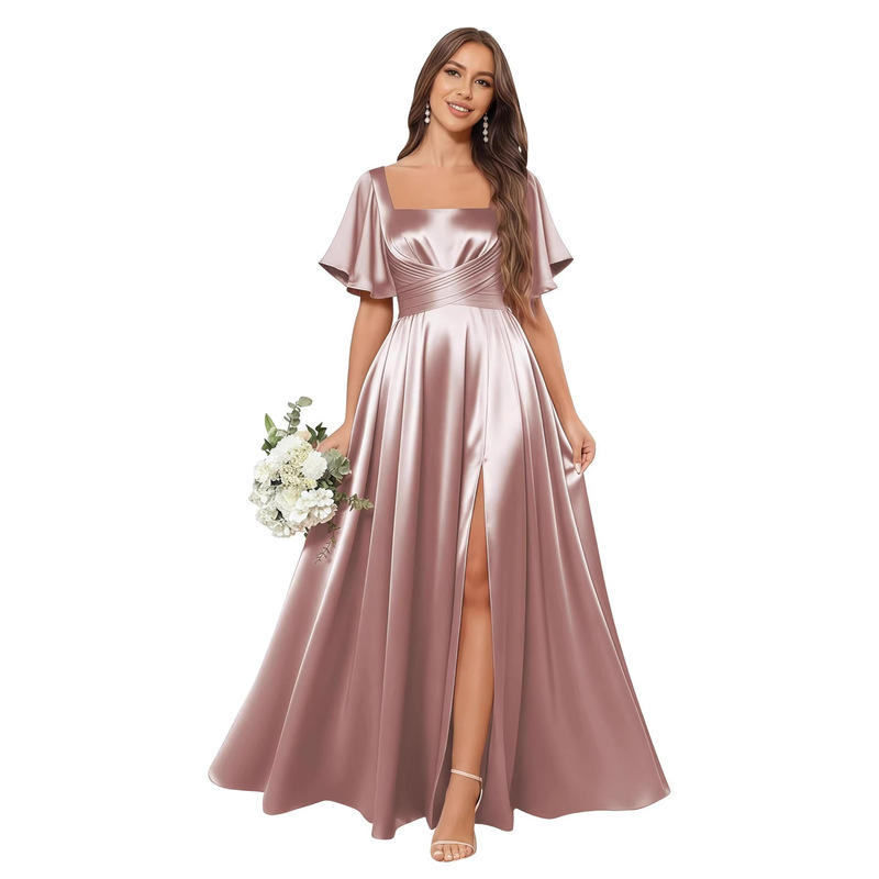 European and American Style Evening Dress with Ruffled Skirt, Pleated Satin Square Neck Short-Sleeve Slit Long Dress, Bridesmaid Dress for Daily Gatherings European and American Style Evening Dress with Ruffled Skirt, Pleated Satin Square Neck Short-Sleeve Slit Long Dress, Bridesmaid Dress for Daily Gatherings