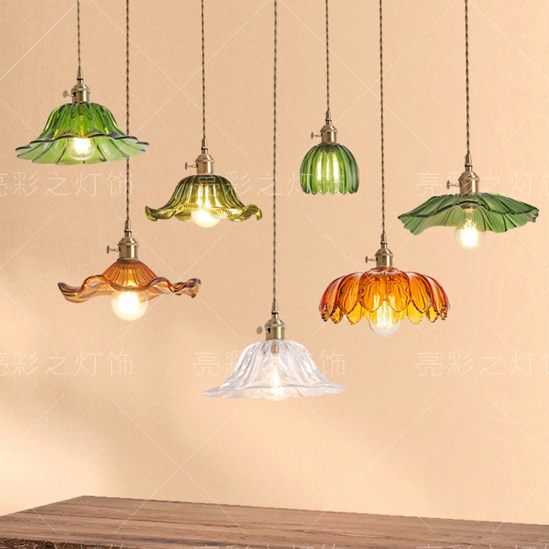 跨境荷叶灯日式简约玻璃玄关阳台床头北欧吧台灯具餐厅单头小吊灯