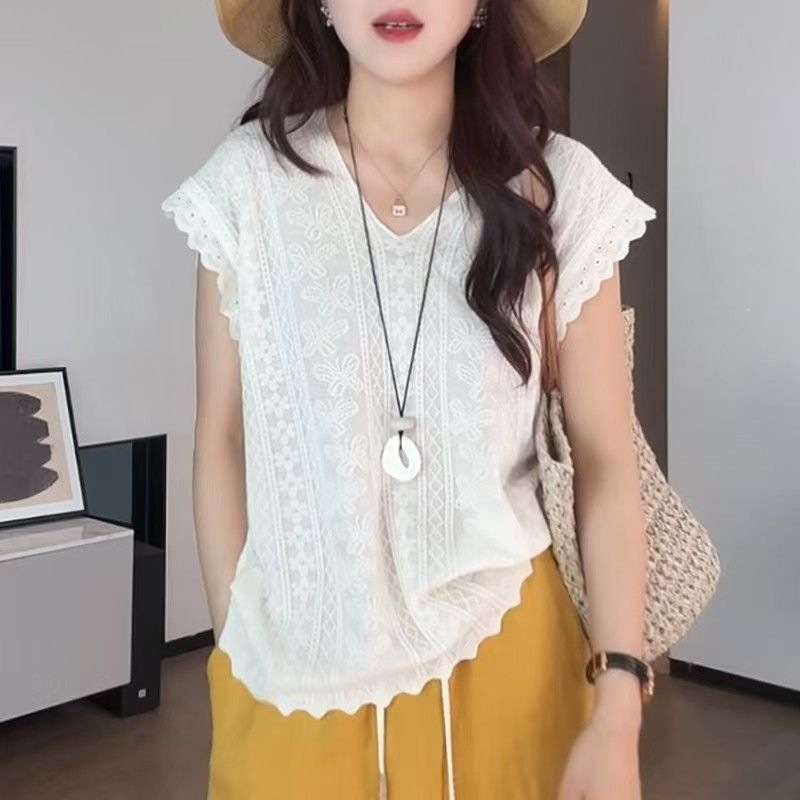 Áo thun nữ cổ V ngắn tay dệt kim Jacquemard phong cách Pháp, form rộng suông che khuyết điểm — 965 # Khí chất đen [chất lượng cao] Nhẹ và thoáng khí, 965 # ánh trăng trắng [chất lượng cao] rộng rãi gầy chi tiết 5