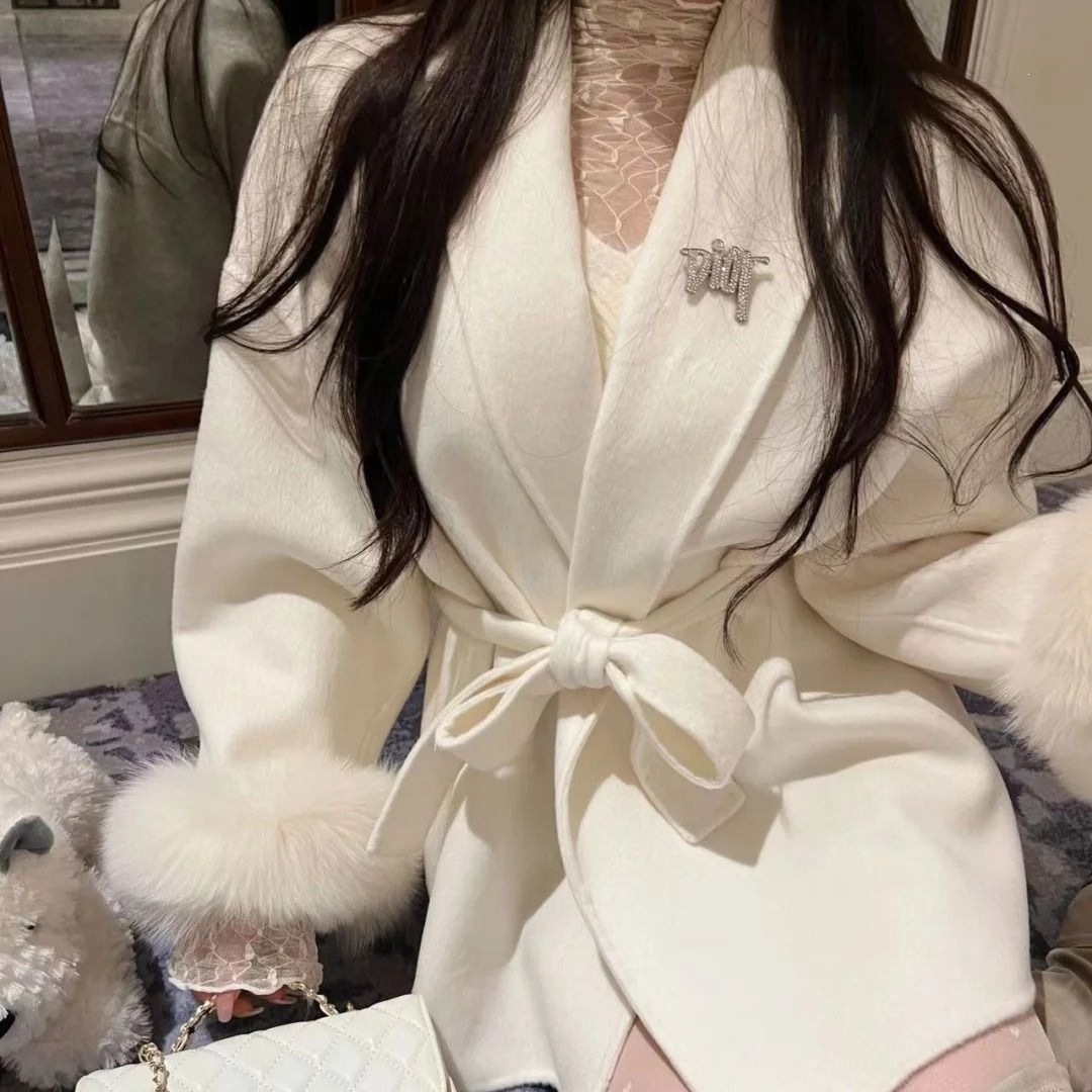 可拆卸仿狐狸毛系带双面绒呢子大衣女冬装新款小个子毛呢外套