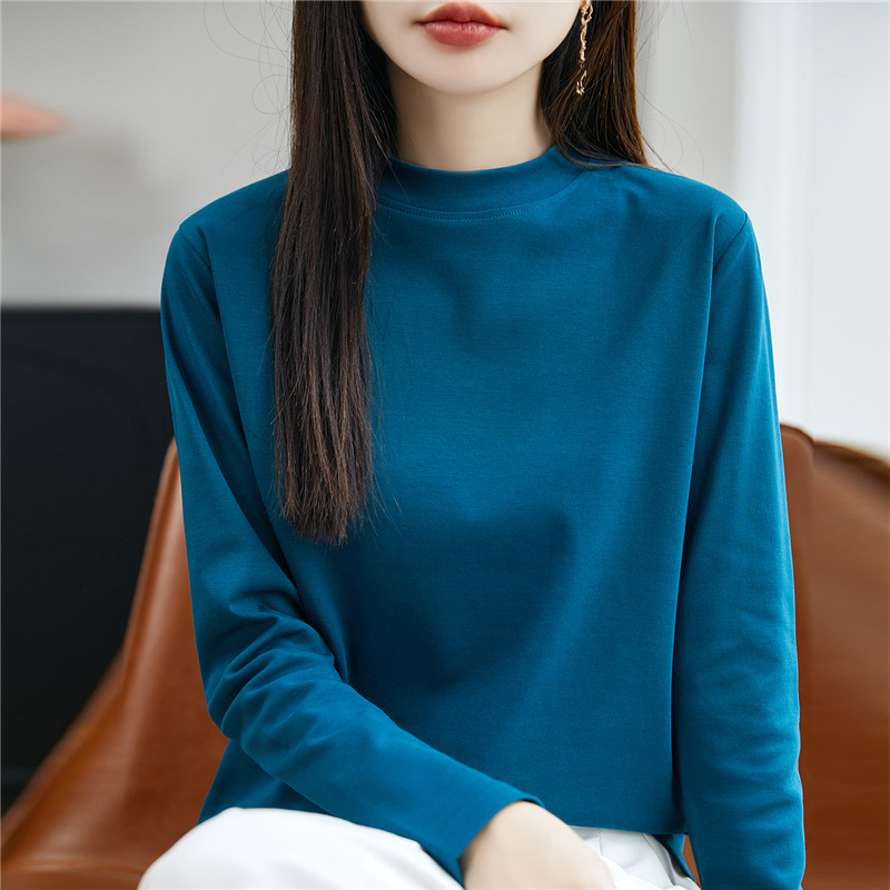 면 화이트 하프 터틀넥 티셔츠 여성용 긴팔 2024 봄 여름 신상 베이직 티셔츠 다용도 티셔츠 상의 도매