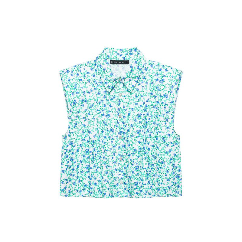 Pb&Za Summer New Cross-Border Women's Clothing Retro Casual Sleeveless Lapel Padded Shoulder Floral Short Shirt 1165131