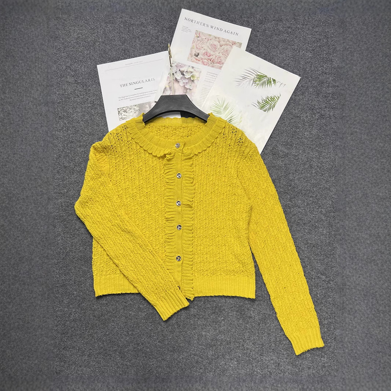 Nanyou High-Quality Cut Out Lace Round Neck Knitted Cardigan Small Fragrant Ruffled Long-Sleeved Spring & Fall Star Top