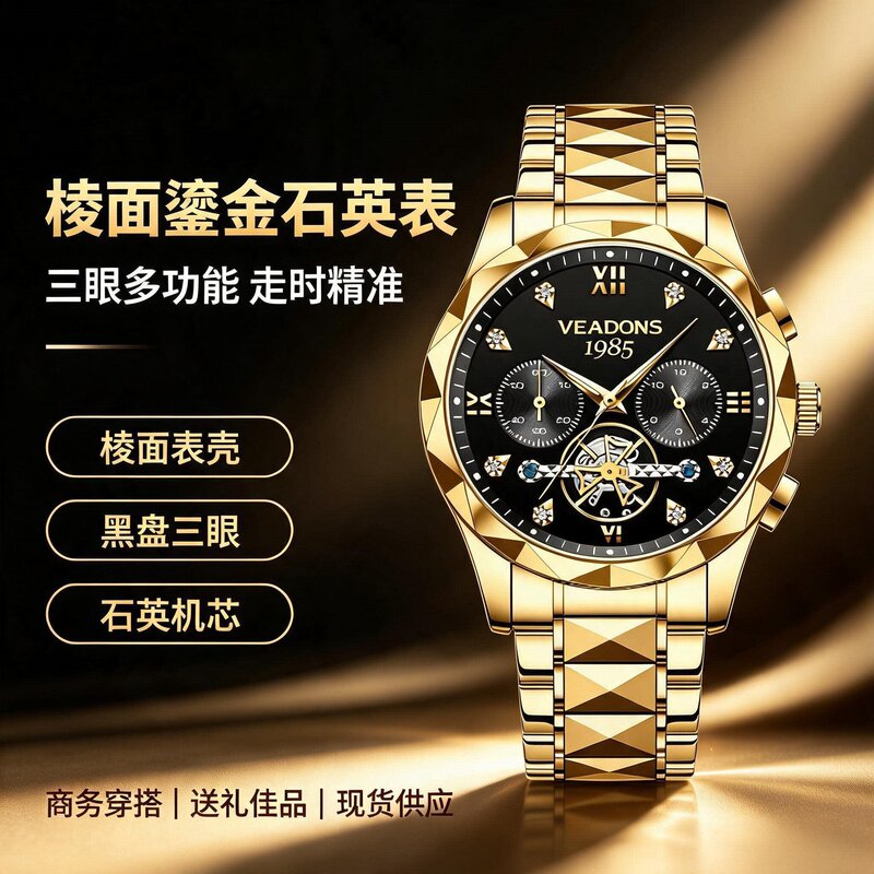 Cross-Border Best-Selling Weiton Business Luxury Men's Gold Watch with Blue Dial, Diamond-Encrusted Skeleton Quartz Watch, Luminous Waterproof Watch