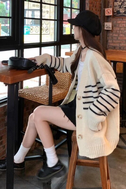 Striped Collar Knitted Cardigan Sweater for Women Autumn New Women's Loose Slimming Lazy Style Versatile Jacket