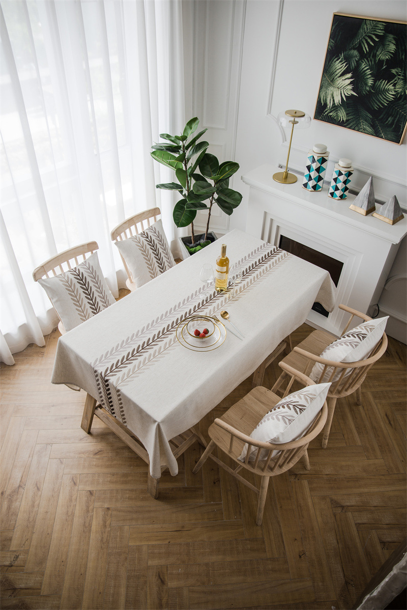 Polyester Linen Waterproof Modern Leaf Flower Runner Embroidered Geometric Tablecl Rectangular Coffee Dining Table_voghion.com