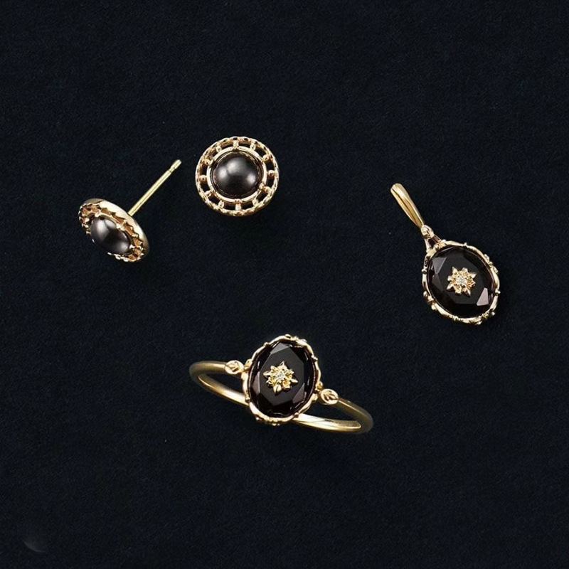 1g Weight Charms, Rings Classification 1 Piece Quantity Holiday, Daily Occasion 925 Sterling Silver Material Flower Pattern All Seasons Season Women's Gender Elegant, Retro Style Japanese Style Opal Palace Vintage Pattern Natural Black Agate Rings Pendants 925 Silver Accessories Suit Autumn New 3
